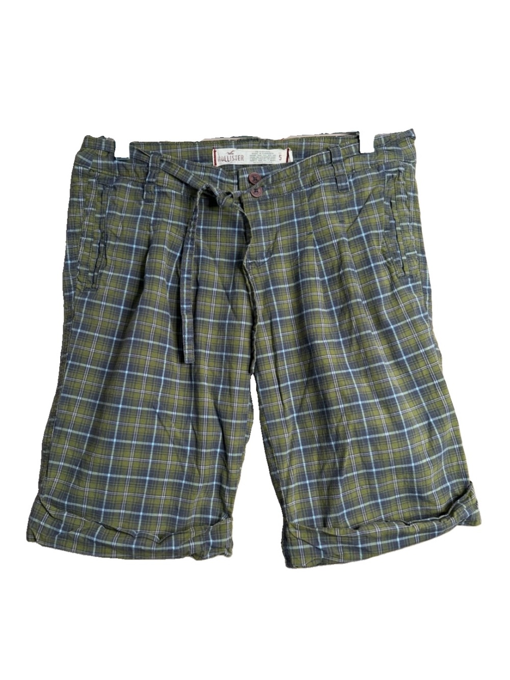 Hollister Shorts Sz 5 Green Plaid Bermuda Chino Stretch Low Rise Preppy Y2K K30